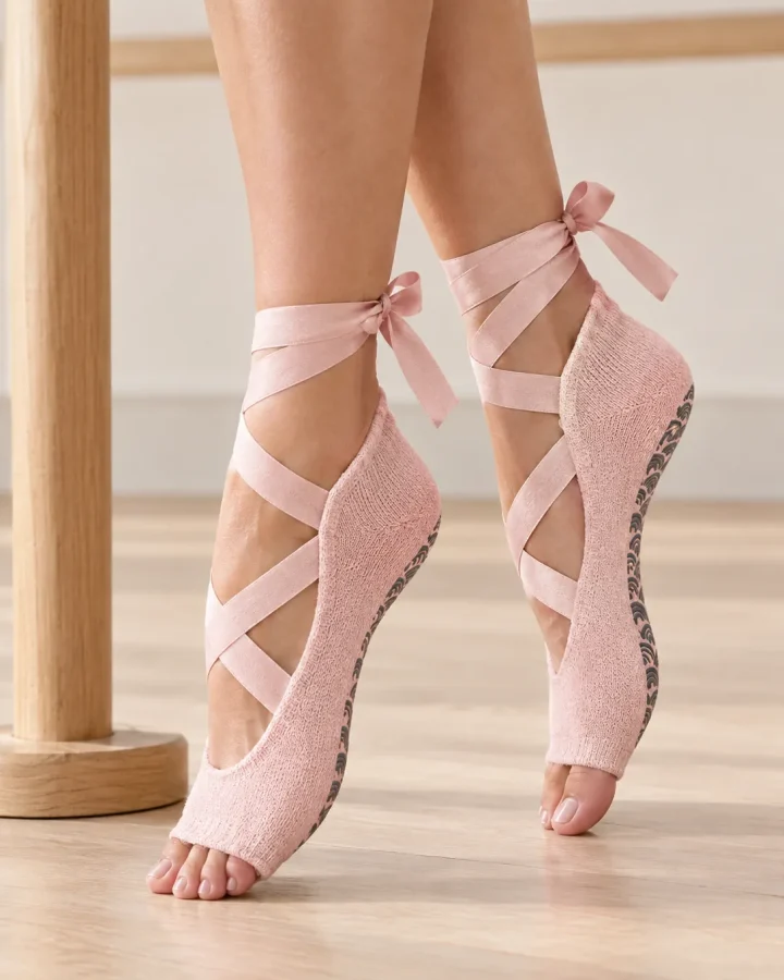 Feet in toeless wrap-tie grip socks at the barre