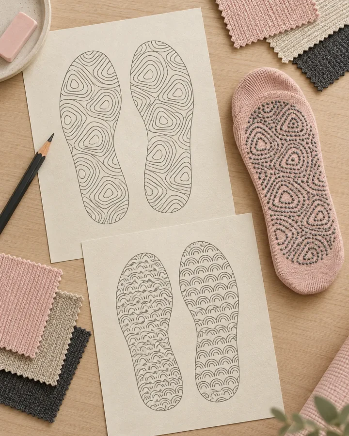 Sole outlines drawn on paper next to knit swatches