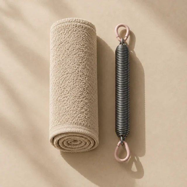 A rolled mat towel next to a reformer spring