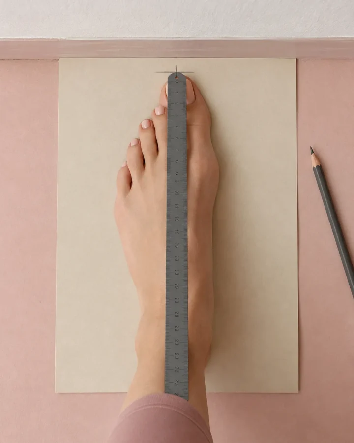 Measuring a foot from heel to longest toe with a ruler