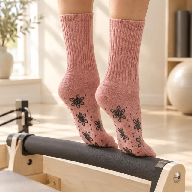 Petal Crew Grip Socks in the studio