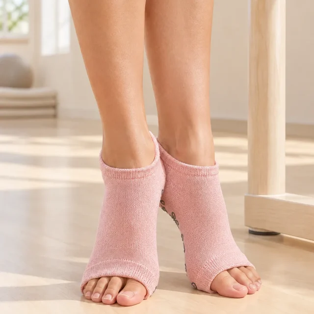 Petal Toeless Grip Socks in the studio