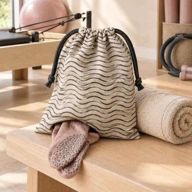 Tide Drawstring Sock Bag in the studio