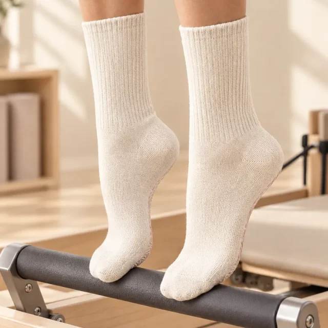 Whorl Crew Grip Socks in the studio